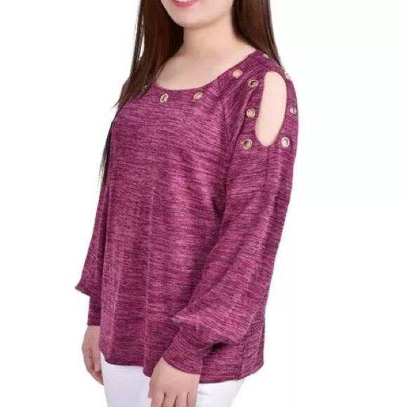 NY Collection Long Sleeve Shoulder Cutout Tunic Top With Grommets - Picture 3 of 10